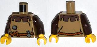 Lego Torso Castle Fantasy Era Peasant Shirt with Dark Brown Collar and Dark Bluish Gray Patch, Dark Orange Rope Belt with Pouch Pattern / Dark Brown Arms / Yellow Hands