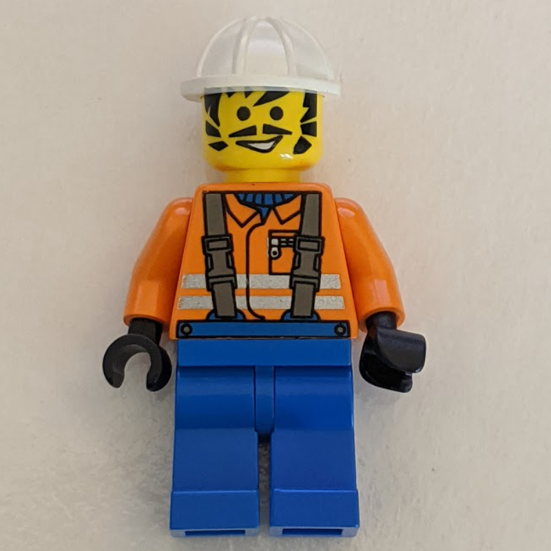 Lego Construction Worker, Orange Jacket with Suspenders, White Hard Hat, Moustache and Sideburns