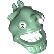 Lego Mask Angler Fish Head with Wide Open Mouth, Fins and White Teeth, Eyes and Lure (Esca) Print / Sand Green