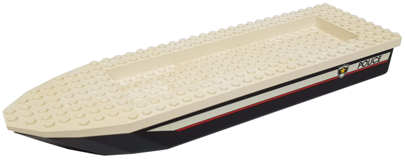 Lego Boat, Hull Unitary 32 x 10 x 1 2/3 with White Top with Police Red Line and Badge Logo Pattern on Both Sides (Stickers) - Set 6433