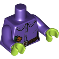 Lego Torso Shirt, Tattered with Dark Green and Dark Orange Patches, Dark Brown Belt Print, Dark Purple Arms with Patch Print on Left, Lime Hands / Dark Purple