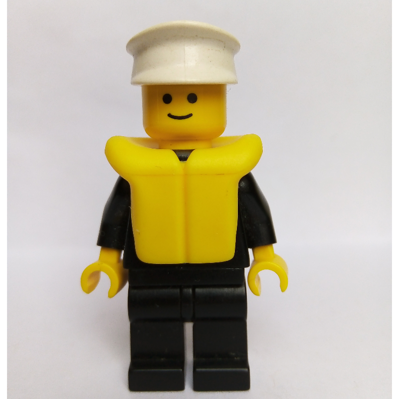 Lego Policeman, Black Suit with Badge, White Hat, Yellow Life Vest
