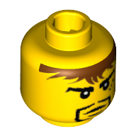 Lego Minifig Head Sir Adric / Knight / Pirate, Moustache Black, Messy Brown Hair, Small Mouth with Lower Lip, 3 Spots under Left Eye Print [Blocked Open Stud] / Yellow