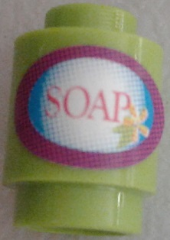 Lego Brick, Round 1 x 1 with Oval Label with Magenta Border and 'SOAP' Pattern (Sticker) - Set 7586