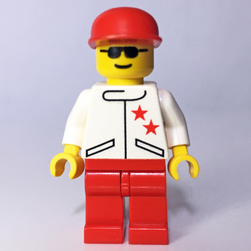 Lego Racer, White Jacket with 2 Stars, Red Cap, Sunglasses