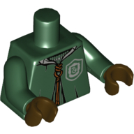 Lego Torso Quidditch Robe over Sweater, White Collar and Crest (Slytherin) Print, Dark Green Arms, Dark Brown Hands