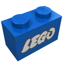 Brick 1 x 2 with LEGO Logo Open O White with Black Outline Print / Blue
