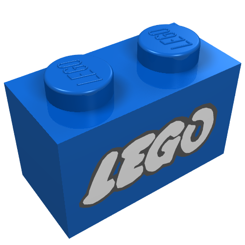 Lego Brick 1 x 2 with LEGO Logo Open O White with Black Outline Print / Blue
