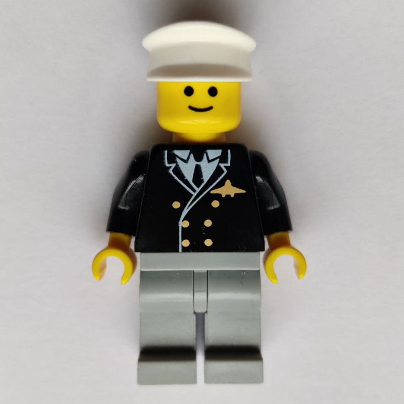 Lego Pilot, Black Jacket with Tie and Airplane Badge, Light Bluish Gray Legs, White Hat