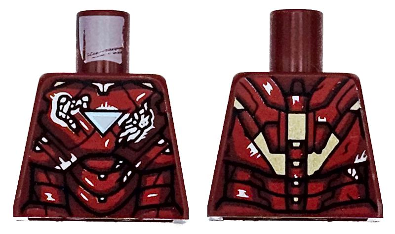 Lego Torso Armor with Metallic Light Blue and White Triangle Arc Reactor, Red Panels Damaged, Gold Trim on Back Pattern (Iron Man Mark 6)