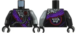 Torso Robe with Dark Purple Hem and Silver Robot Armor, Hoses and Red Circle on Left, Saw Blade on Back Pattern / Flat Silver Arm Left / Black Arm Right / Black Hands