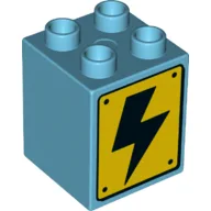 Duplo Brick 2 x 2 x 2 with Power Hazard Electric Lightning Bolt Print / Medium Azure