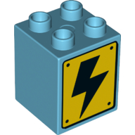 Lego Duplo Brick 2 x 2 x 2 with Power Hazard Electric Lightning Bolt print / Medium Azure