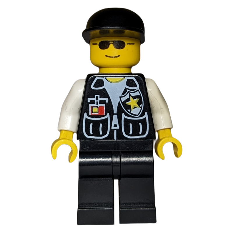 Lego Policeman, Black Vest with Badge and Pockets, Black Cap, Sunglasses