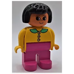 Duplo Figure, Early, Hair Bob Black, Dark Pink Legs, and Dark Pink Buttons and Medium Green Collar Print / Yellow