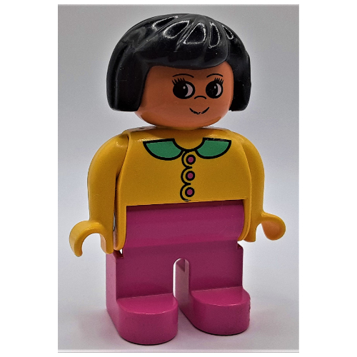 Lego Duplo Figure, Early, Hair Bob Black, Dark Pink Legs, and Dark Pink Buttons and Medium Green Collar Print / Yellow