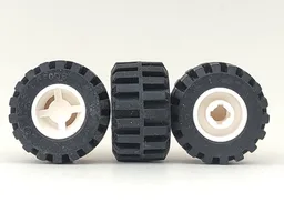 Wheel 11mm D. x 12mm, Hole Notched for Wheels Holder Pin with Black Tire 21mm D. x 12mm - Offset Tread Small Wide, Band Around Center of Tread (6014b / 87697) / White