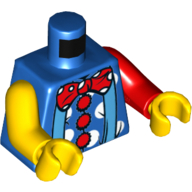 Lego Torso, Odd Arms, Shirt with White Polka Dots, 3 Red Buttons, Blue Suspenders, Red Polka Dot Bow Tie Print, Left Red Arm, Right Yellow Arm, Yellow Hands / Blue