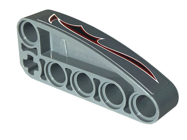 Lego Technic, Liftarm, Modified L-Shape Quarter Ellipse Thick 2 x 5 with Black, Dark Red and White Flames Pattern Model Left Side (Sticker) - Set 42132