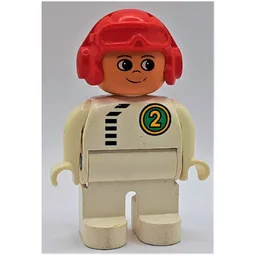 Duplo Figure, Early, Aviator Hat Red, White Legs, Top with Black Zipper and Racer #2 in Green Circle Print / White