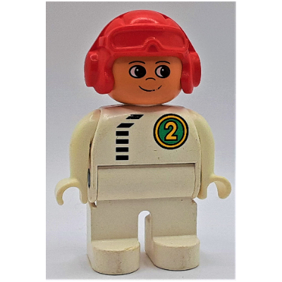 Lego Duplo Figure, Early, Aviator Hat Red, White Legs, Top with Black Zipper and Racer #2 in Green Circle Print / White