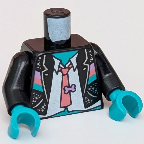 Lego Torso Jacket, White Shirt, Coral Tie with Lavender Bone, Glitter print, Black Arms, Dark Turquoise Hands / Black