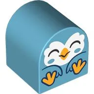 Duplo Brick 2 x 2 x 2 Curved Top with Sitting Bird, White Face with Closed Eyes, Bright Light Orange Feet Print / Medium Azure