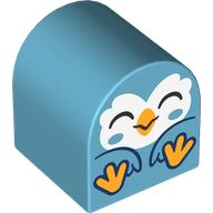 Lego Duplo Brick 2 x 2 x 2 Curved Top with Sitting Bird, White Face with Closed Eyes, Bright Light Orange Feet print / Medium Azure