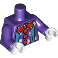 Lego Torso Clown with Aqua Suspenders over Polka-Dot Shirt with Red Buttons, Large Red Bow Tie Print, Dark Purple Arms, White Hands / Dark Purple