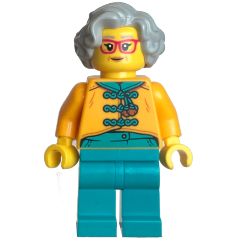 Lego Bright Light Orange Torso, Dark Turquoise Legs, Light Bluish Grey Hair, Glasses