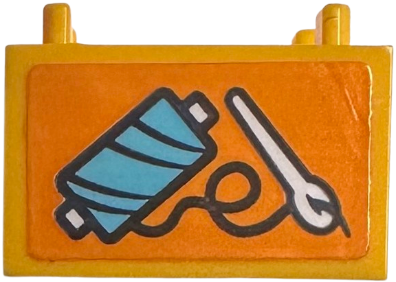 Lego Container, Box 2 x 2 x 1 - Top Opening with Raised Inner Bottom with Orange Background with Medium Azure Thread and White Sewing Needle Pattern (Sticker) - Set 42614