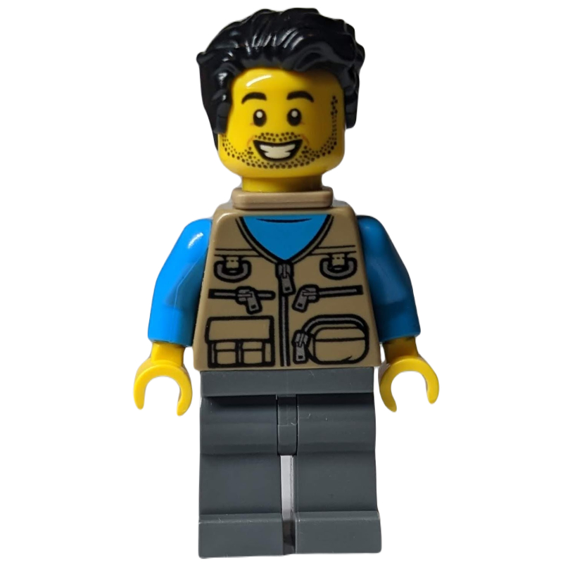 Lego Man, Dark Tan Vest with Zippers and Pouches, Black Hair, Baby Carrier, Stubble