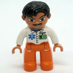 Duplo Figure Side Parted Hair Black, with Orange Legs, with ID Badge and EMT Star of Life, Moustache Print (Medic) / White