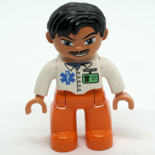 Lego Duplo Figure Side Parted Hair Black, with Orange Legs, with ID Badge and EMT Star of Life, Moustache Print (Medic) / White