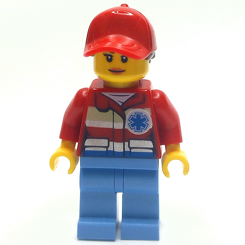 Lego Paramedic, Woman, Red Jacket with Star of Life, Red Cap with Hair