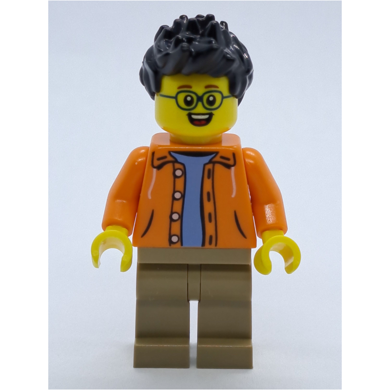 Lego Man, Open Orange Jacket over Light Blue Shirt, Black Hair, Glasses