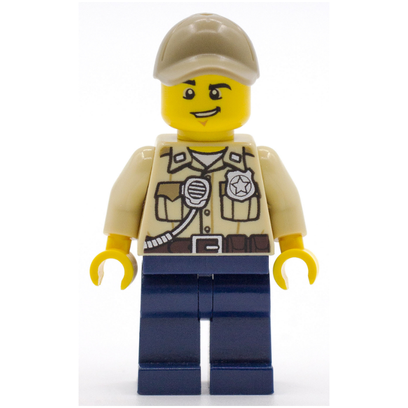 Lego Swamp Police / Ranger, Tan Shirt with Badge and Radio, Dark Blue Legs, Dark Tan Cap