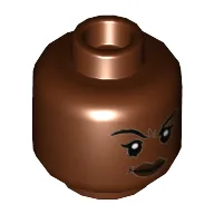 Minifig Head Nakia, Dual Sided, Eyebrows, Dark Brown Lips, Lopsided Smirk / Smile Print [Hollow Stud] / Reddish Brown
