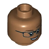 Minifig Head Allison Miles, Female, Black Glasses, Peach Lips, Open Mouth Smile, Teeth / Medium Nougat