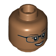 Lego Minifig Head Allison Miles, Female, Black Glasses, Peach Lips, Open Mouth Smile, Teeth / Medium Nougat