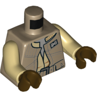 Lego Torso Vest Jacket with Belt with Pouches, Tan Shirt and Gray Undershirt Print, Tan Arms, Dark Brown Hands / Dark Tan