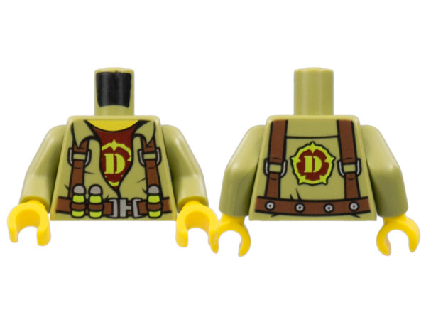 Lego Torso Dino Shirt with Reddish Brown Harness, Silver Buckle, and Dark Red Undershirt with Lime Capital Letter D Pattern / Olive Green Arms / Yellow Hands