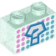 Brick 1 x 2 with Dark Azure '?', Dark Pink/Dark Turquoise Dots Print