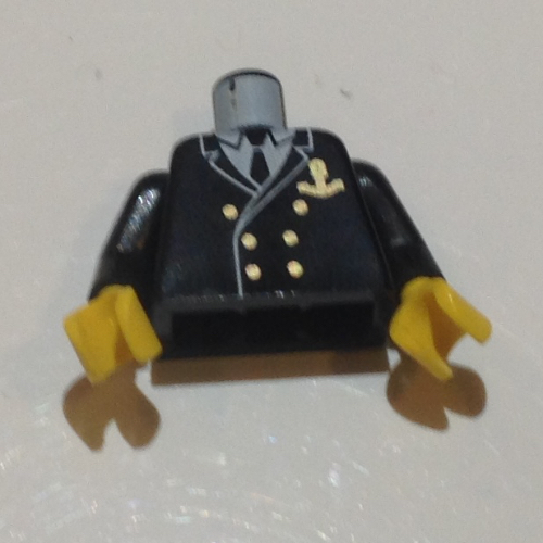 Lego Torso Boat Captain, Suit Double Breasted and Gold Anchor Logo Print, Black Arms, Yellow Hands / Black