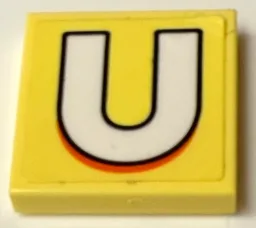 Tile 2 x 2 with White Capital Letter U with Black Outline and Orange Shadow Pattern (Sticker) - Set 21339 / Bright Light Yellow