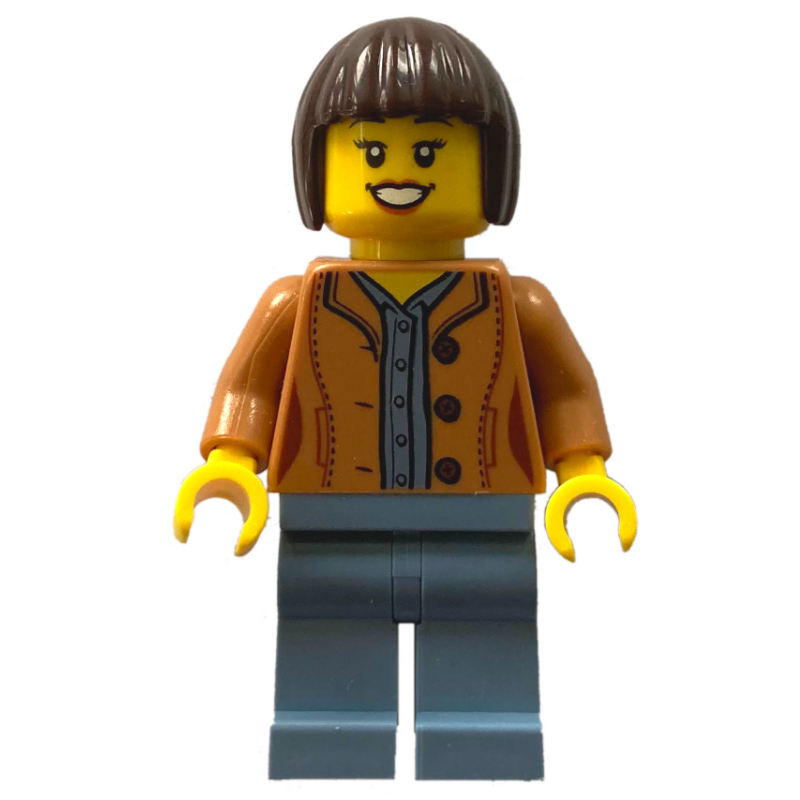 Lego Woman, Medium Nougat Jacket, Sand Blue Legs, Dark Brown Hair