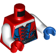 Lego Torso, Odd Hands, Corset with Red and Blue Laces, Dark Bluish Gray Belt Print, White Arms, Left Blue Hand, Right Red Hand / Red