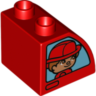 Lego Duplo Brick 2 x 2 x 1 1/2 with Curved Top with Boy with Red Fire Hat Print
