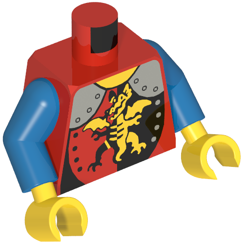 Lego Torso Armor, with Silver Shoulder Covers, Dragon Standing Print, Blue Arms, Yellow Hands / Red