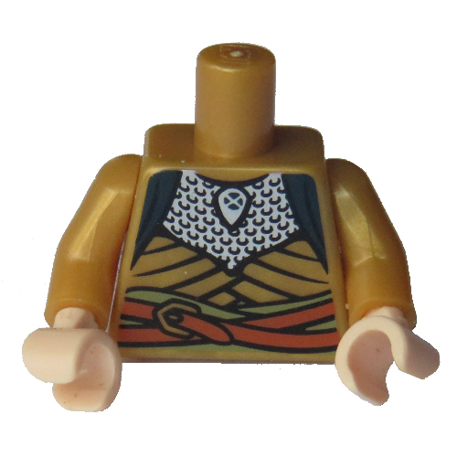 Lego Torso Robe with Silver Scale Mail and Orange Belt Print, Pearl Gold Arms, Light Nougat Hands / Pearl Gold